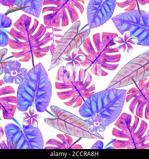 Acquerello astratto estate motivo senza giunture con piante tropicali luminose su sfondo bianco. Foglie esotiche e fiori disegnati a mano con acquerello. Stampa f Foto Stock