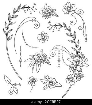 Set floreale botanico con linea disegnata a mano elementi d'arte fiori, steli, vignette. Immagine vettoriale modello floreale monocromatico per matrimonio in invitatio Illustrazione Vettoriale