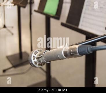 Microfono e note musicali su un supporto musicale su sfondo sfocato, DOF, vista laterale. Foto Stock