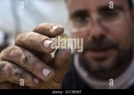 Israele centrale, Israele. 24 Agosto 2020. L'archeologo israeliano Shahar Krisin detiene una moneta da un bardo di 423 monete d'oro sepolte in un vaso di ceramica risalente alla dinastia abbaside scoperto in un sito archeologico nel centro di Israele martedì 18 agosto 2020. Gli scavi sono stati effettuati dall'autorità israeliana delle Antichità in un'area che un tempo era un'area industriale durante il periodo bizantino . Si dice che le monete abbiano 1200 anni . Foto piscina di Heidi Levine/UPI Credit: UPI/Alamy Live News Foto Stock