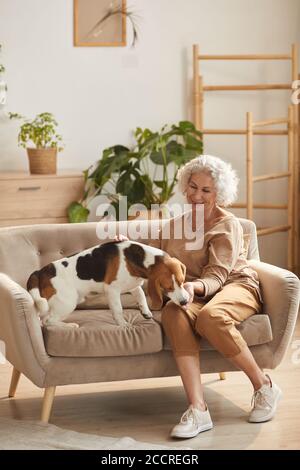 Ritratto verticale a lunghezza intera di una donna anziana sorridente che gioca con cane e dandogli le delizie mentre si siede sul divano dentro interni accoglienti Foto Stock