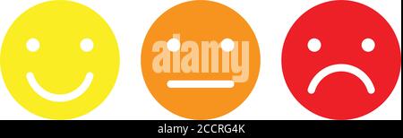 Set di emoticon di base. Tre espressioni facciali della scala di feedback - da positiva a negativa. Icone vettoriali semplici. Illustrazione Vettoriale
