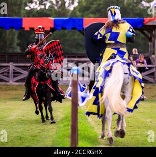 La giostra medievale tornò al Castello e ai Giardini di Hever a Kent questo fine settimana a seguito di una serie di eventi annullati durante l'estate a causa di Coronavirus. Gli attori che compongono ‘i Cavalieri dell'Inghilterra reale’ sono raffigurati per intrattenere la folla con esilaranti esposizioni di azione, acrobazie, cascate e combattimenti in un'autentica arena completa di Royal Box. La giostra torna per le festività del prossimo fine settimana. I biglietti devono essere prenotati in anticipo. Il castello di Hever ha commentato a causa di Covid-19: "Normalmente una giornata di giostre attirerebbe fino a 4,500 visitatori, ma il castello di Hever è attualmente in esecuzione a und Foto Stock