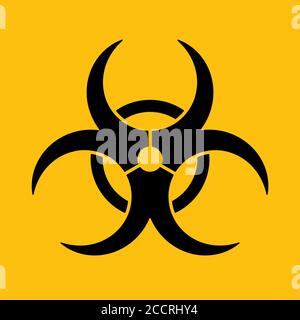 Cartello di avvertenza rischio biologico. Simbolo di pericolo causato da microrganismo biologico, virus o tossina. Semplice illustrazione vettoriale nera piatta su sfondo giallo. Illustrazione Vettoriale
