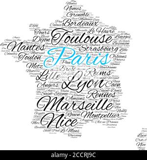La nuvola di parole in una forma di Francia contiene grandi città. La città di Parigi è blu, illustrazione vettoriale Illustrazione Vettoriale