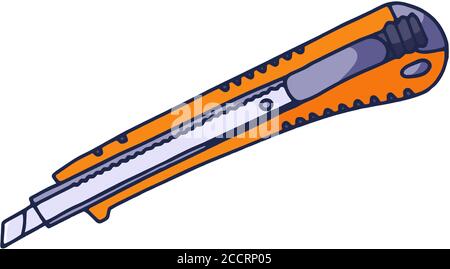 coltello da cancelleria in stile doodle. Illustrazione vettoriale a colori. L'oggetto viene disegnato a mano e isolato su uno sfondo bianco. Illustrazione Vettoriale