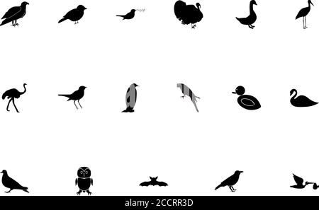 Disegno vettoriale in stile solido del set di colori nero uccelli Illustrazione Vettoriale