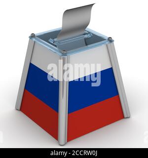 La casella di voto trasparente per votare nei colori della bandiera della Federazione russa con il foglio di voto è sulla superficie bianca. Illustrazione 3D Foto Stock