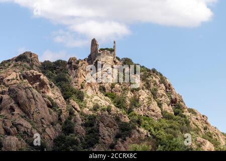 Veduta del Castello di Acquafredda Castello medievale di Siliqua, provincia del Sud Sardegna, Italia. Foto Stock