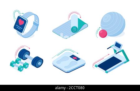 Attrezzature per l'allenamento sportivo domestico e gadget icone vettoriali isometriche. Barbells, tapis roulant per esercizi sportivi, tappetino yoga, orologio intelligente con app, bilance e fit ball isolato su sfondo bianco set 3d Illustrazione Vettoriale