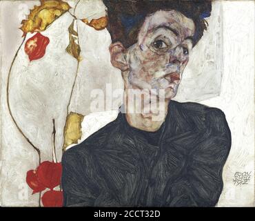 Autoritratto con Physalis di Egon Schiele (1890-1918), colore olio e opaco su legno, 1912 Foto Stock