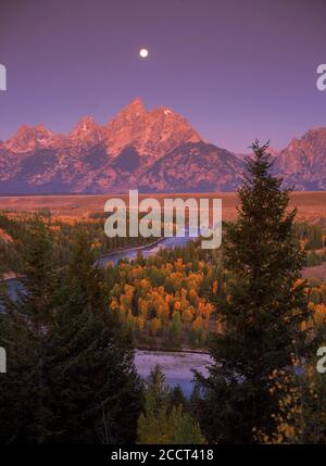 Luna sul Monte Moran in Grand Tetons sopra Snake River all'alba vicino a Jackson, Wyoming Foto Stock