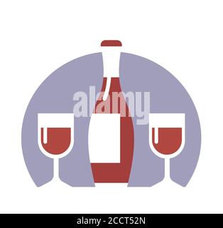 Una bottiglia di vino rosso con due bicchieri. Illustrazione Vettoriale
