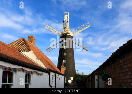 Vista al tramonto sul mulino a vento di Waltham, villaggio di Waltham, contea di Lincolnshire, Inghilterra Foto Stock