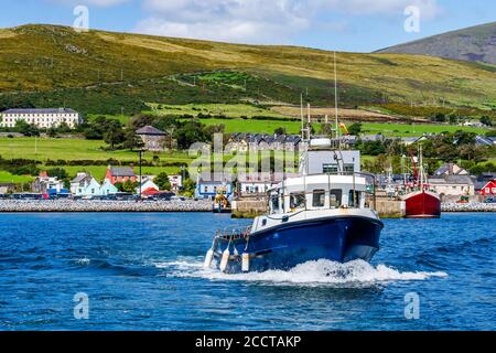 Tour in barca con partenza dal porto di Dingle per visite turistiche e avvistamento dei delfini Fungie con il villaggio di Dingle sullo sfondo. Co Kerry, Irlanda Foto Stock