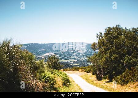 percorso in pietra circondato da vegetazione contro le montagne e il cielo blu Foto Stock