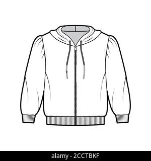 Felpa con cappuccio in Jersey di cotone con zip con spalle gonfie, maniche a gomito, finiture a coste. Modello di abbigliamento a ponticello piatto, colore bianco frontale. Donna uomo maglia unisex Illustrazione Vettoriale