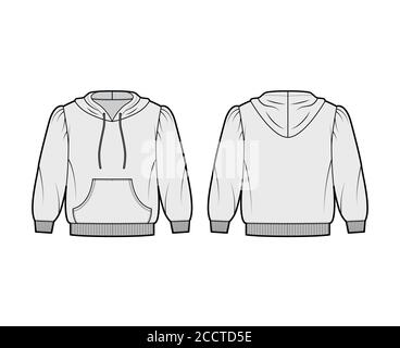 Felpa con cappuccio in Jersey di cotone con fit sciolto, spalle gonfie, maniche a gomito, tasca anteriore. Mascherina per ponticelli piatta, colore grigio sul retro anteriore. Donna uomo maglia unisex Illustrazione Vettoriale