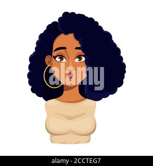 Espressione facciale della bella donna afroamericana, sorpresa. Emozione femminile. Carino personaggio cartoon signora. Illustrazione vettoriale su sfondo bianco. Illustrazione Vettoriale