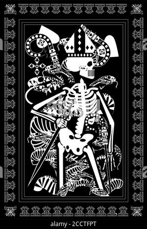 King card Tarocchi con cranio, serpenti e spade. Sfondo bianco e nero, illustrazione vettoriale. Foto Stock