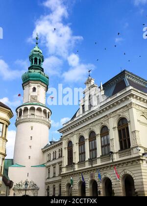 Vista sulla città vecchia di Sopron, Ungheria con cielo blu. Il centro storico della città con la torre Firewatch e il municipio. Foto Stock