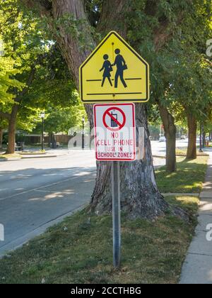 Attraversamento della scuola e nessun uso di cellulari nei cartelli stradali della zona scolastica. Forest Park, Illinois. Foto Stock