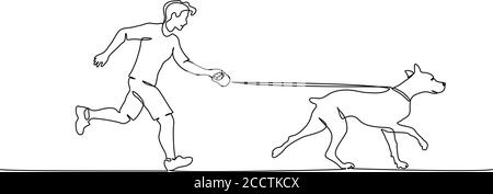 Uomo che corre con il cane. Stile di disegno continuo a una linea. Proprietario che gioca con il cane carino a piedi. Schizzo lineare nero isolato su sfondo bianco. Illustrazione vettoriale Illustrazione Vettoriale