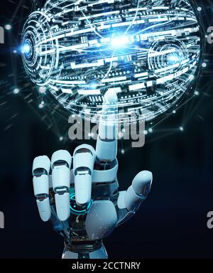 Mano bianca del robot su sfondo sfocato utilizzando il globo digitale hud Rendering 3D dell'interfaccia Foto Stock