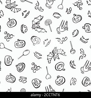 Vettore doodle pooky halloween modello senza cuciture. Linea disegnata a mano in tutto il disegno di arte. Alimenti, confezionamento, progettazione di superfici . Spazzola dal design moderno. Perfetto per la tua festa creepy. Illustrazione Vettoriale