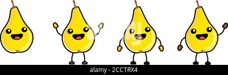 Cute stile kawaii icona di frutta di pera, delineato, occhi grandi, sorridente con bocca aperta. Versione con mani sollevate, abbassate e ondulate Illustrazione Vettoriale