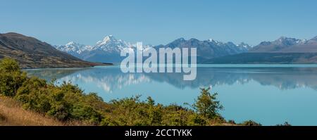 Panorama del parco nazionale del Monte Cook al lago Pukaki, Aoraki/Mt. Cook National Park, Isola del Sud/Nuova Zelanda Foto Stock