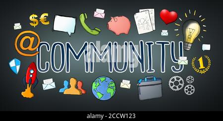 Testo della comunità disegnato a mano con icone su sfondo scuro Foto Stock