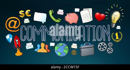Testo di comunicazione disegnato a mano con icone su sfondo scuro Foto Stock