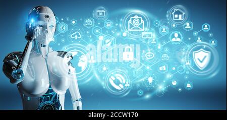 Robot donna bianca su sfondo sfocato utilizzando dati di sicurezza informatica Rendering 3D dell'interfaccia Foto Stock