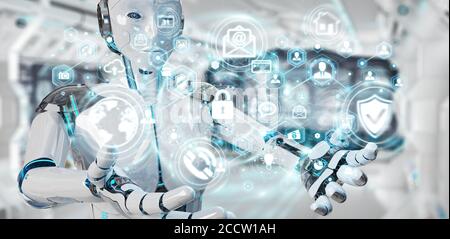 Robot donna bianca su sfondo sfocato utilizzando dati di sicurezza informatica Rendering 3D dell'interfaccia Foto Stock