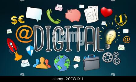 Testo digitale con tecnologia multimediale disegnata a mano con icone su sfondo scuro Foto Stock
