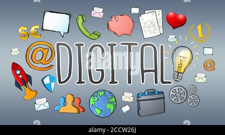 Testo digitale con tecnologia multimediale disegnata a mano con icone su sfondo scuro Foto Stock