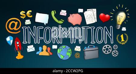 Testo informativo disegnato a mano con icone su sfondo scuro Foto Stock