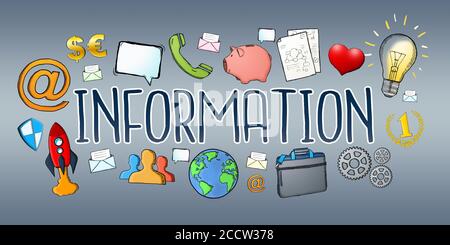 Disegnate a mano le informazioni di testo con icone su sfondo grigio Foto Stock