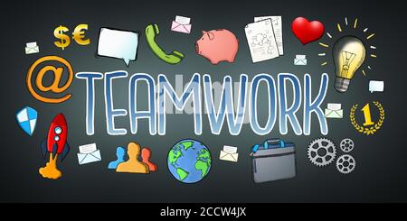 Testo del lavoro di squadra disegnato a mano con icone su sfondo scuro Foto Stock