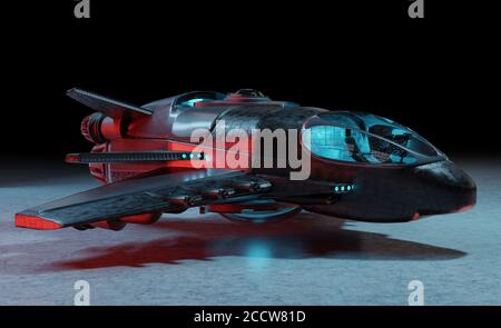 Astronave futuristica nera metalica isolata su rendering 3D su sfondo scuro Foto Stock