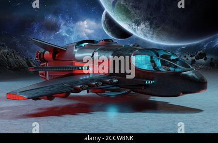 Astronave futuristica metalica nera su sfondo planetario elementi di rendering 3D Di questa immagine fornita dalla NASA Foto Stock
