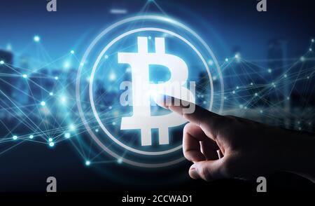 Uomo d'affari su sfondo sfocato utilizzando cryptocurrency bitcoins rendering 3D Foto Stock