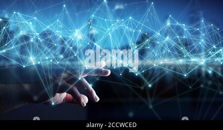 Uomo d'affari su sfondo sfocato utilizzando il rendering 3D flying network Connection Foto Stock
