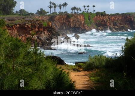 Vista sulla costa al Mahaulepu Heritage Trail, Kauai, Hawaii, USA Foto Stock