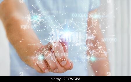 Uomo d'affari su sfondo sfocato utilizzando la rete di connessione digitale con codice binario Rendering 3D Foto Stock