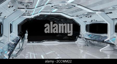 Interno bianco pulito della navicella spaziale con rendering 3D su sfondo nero Foto Stock