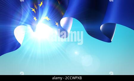 Il sole splende attraverso la bandiera sventolante dell'Unione europea. Bandiera europea ondulata su cielo blu per il disegno di striscioni. Modello di design patriottico festivo, temp Foto Stock