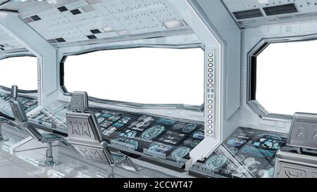 Interno bianco pulito della navicella spaziale con rendering 3D su sfondo bianco Foto Stock