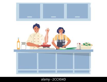 Cucina TV show. Uomo e donna che preparano il piatto in cucina, piatto illustrazione vettoriale Illustrazione Vettoriale